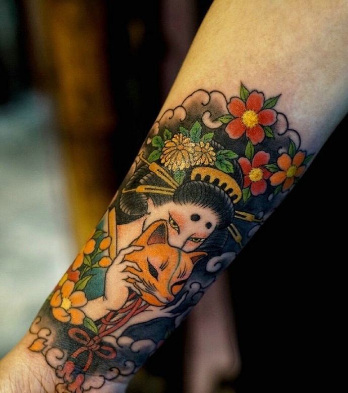 手臂花旦纹身图片女生手臂般若与花旦结合的纹身刺青 纹身图片 优美图