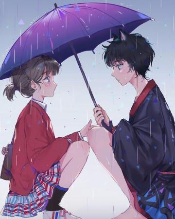 动漫下雨情侣打伞图片